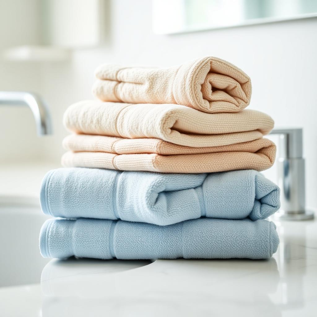 Clean, soft towels on a pristine bathroom sink showing the benefits of softened water