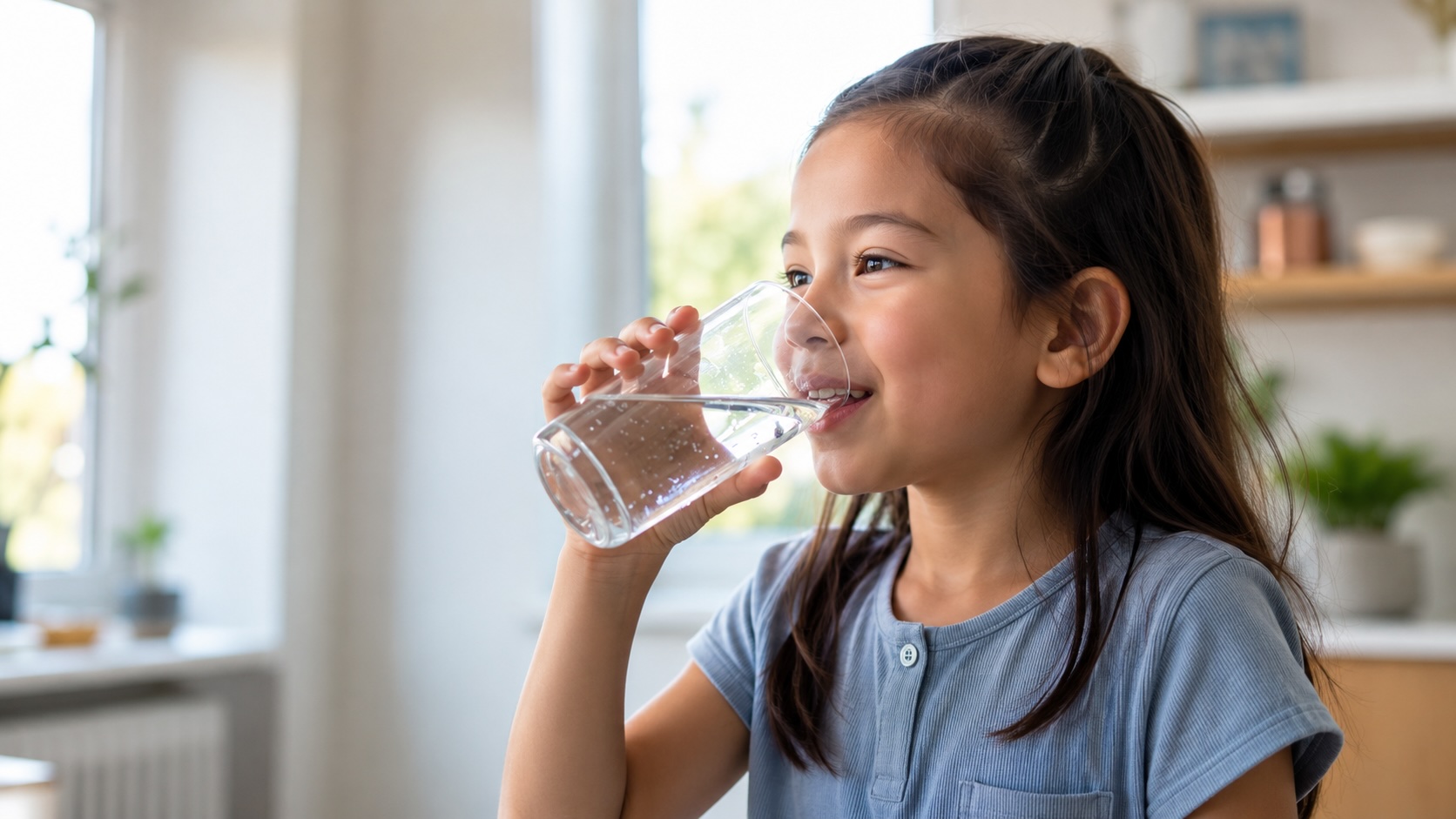 Child drinking a clear glass of filtered water in a bright kitchen