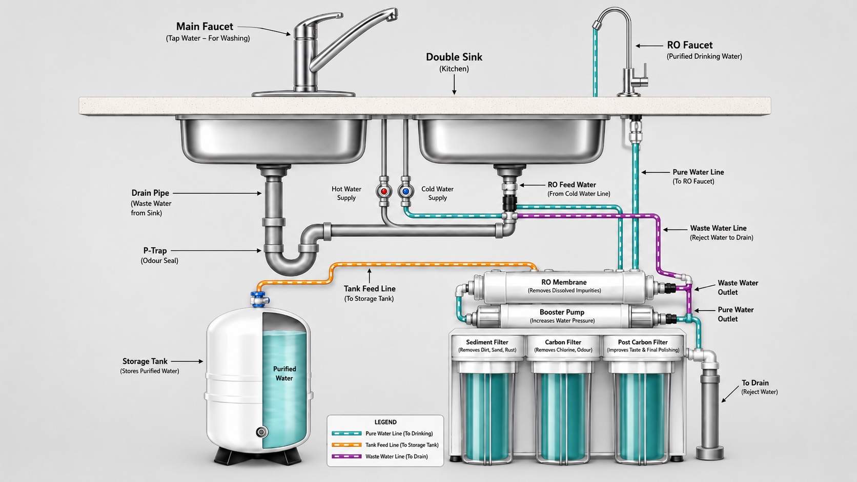 Under-sink reverse osmosis system diagram showing faucet, storage tank, RO membrane, booster pump, and filtration stages