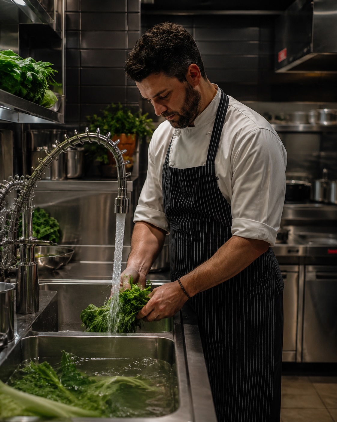 Chef Rinsing Herbs — Chlorine-Free Prep Water