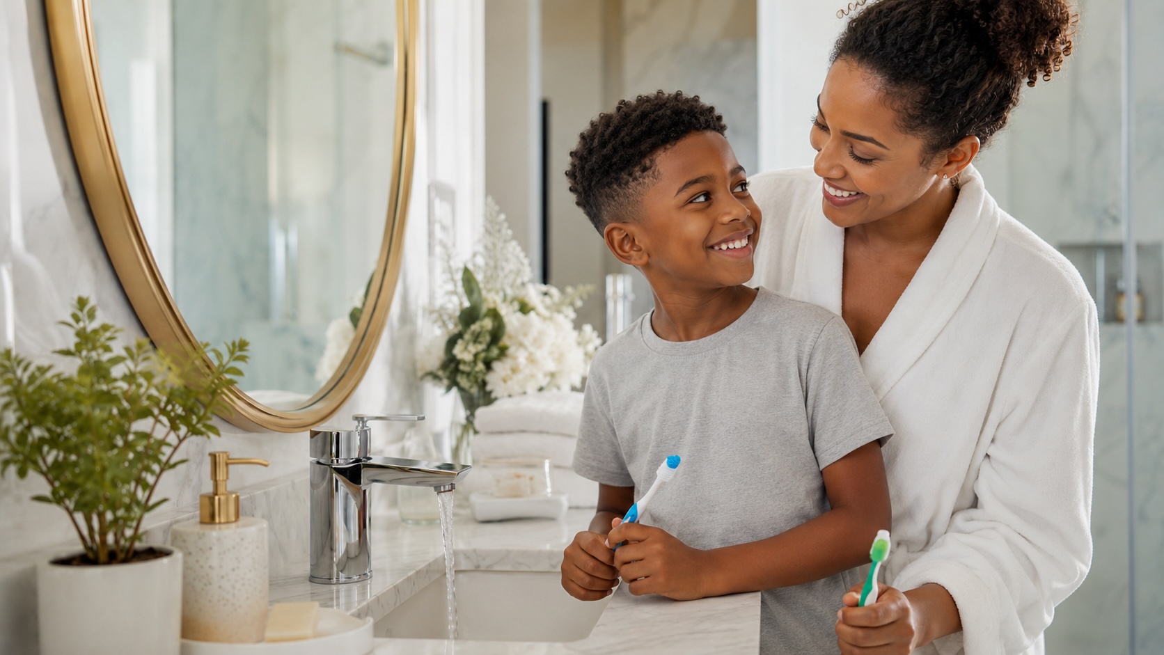 Happy family enjoying a luxurious spa-like bathroom in a Water Made Better home