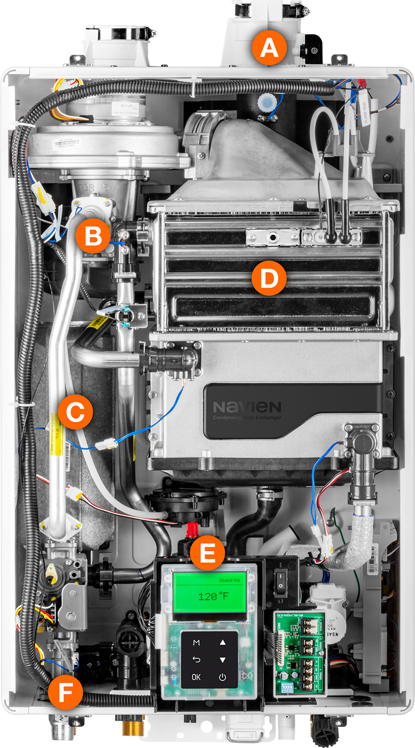 NPE-A2 tankless water heater internal cutaway diagram