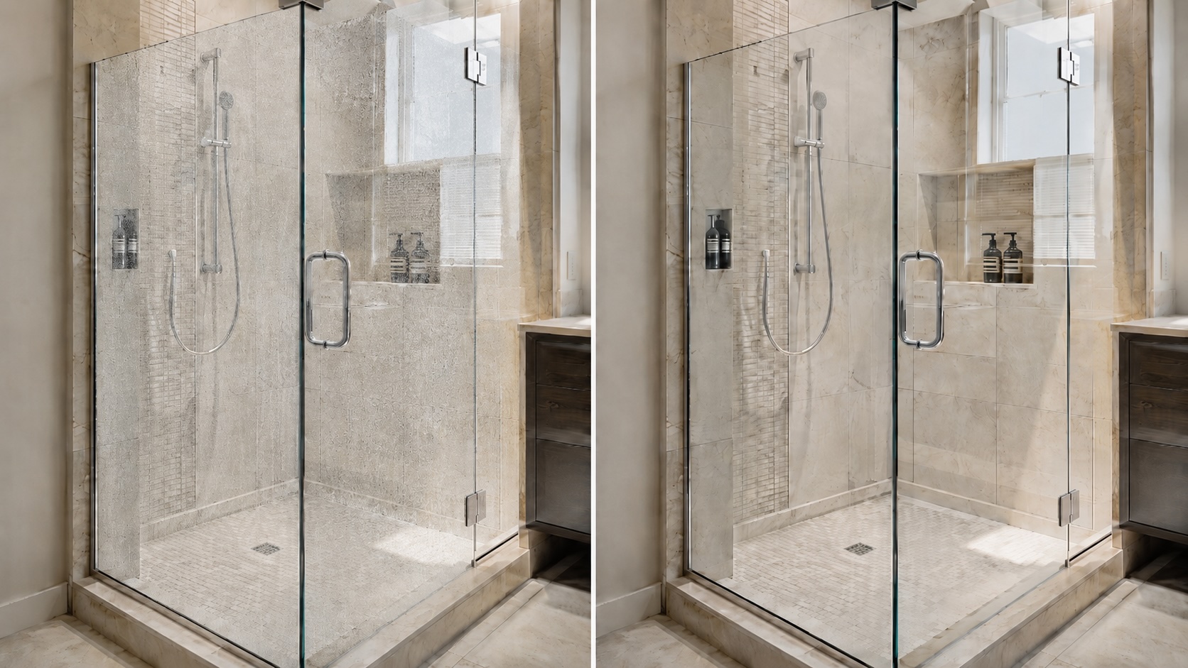 Hard water scale buildup on a shower door compared with a clean shower after Water Made Better hybrid treatment
