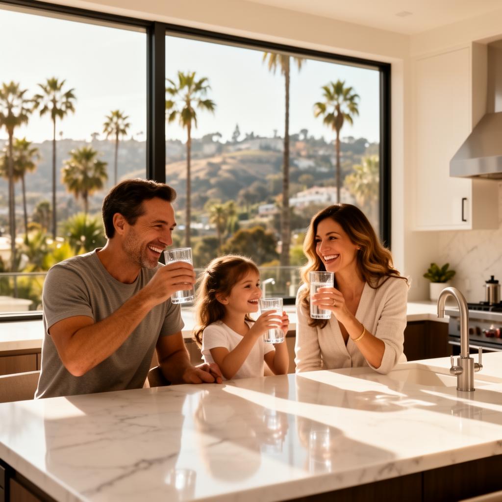 Family enjoying clean water in a bright California kitchen