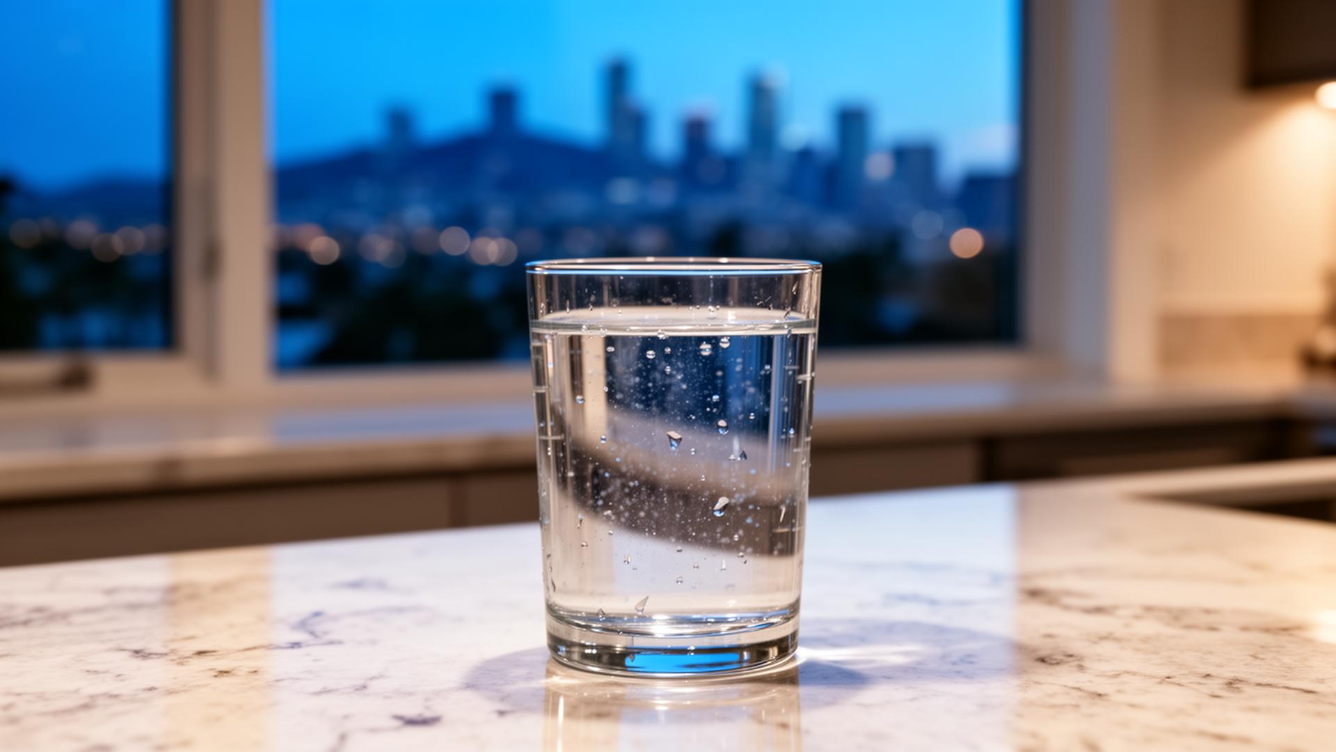 Clear glass of tap water in a Los Angeles kitchen at dusk