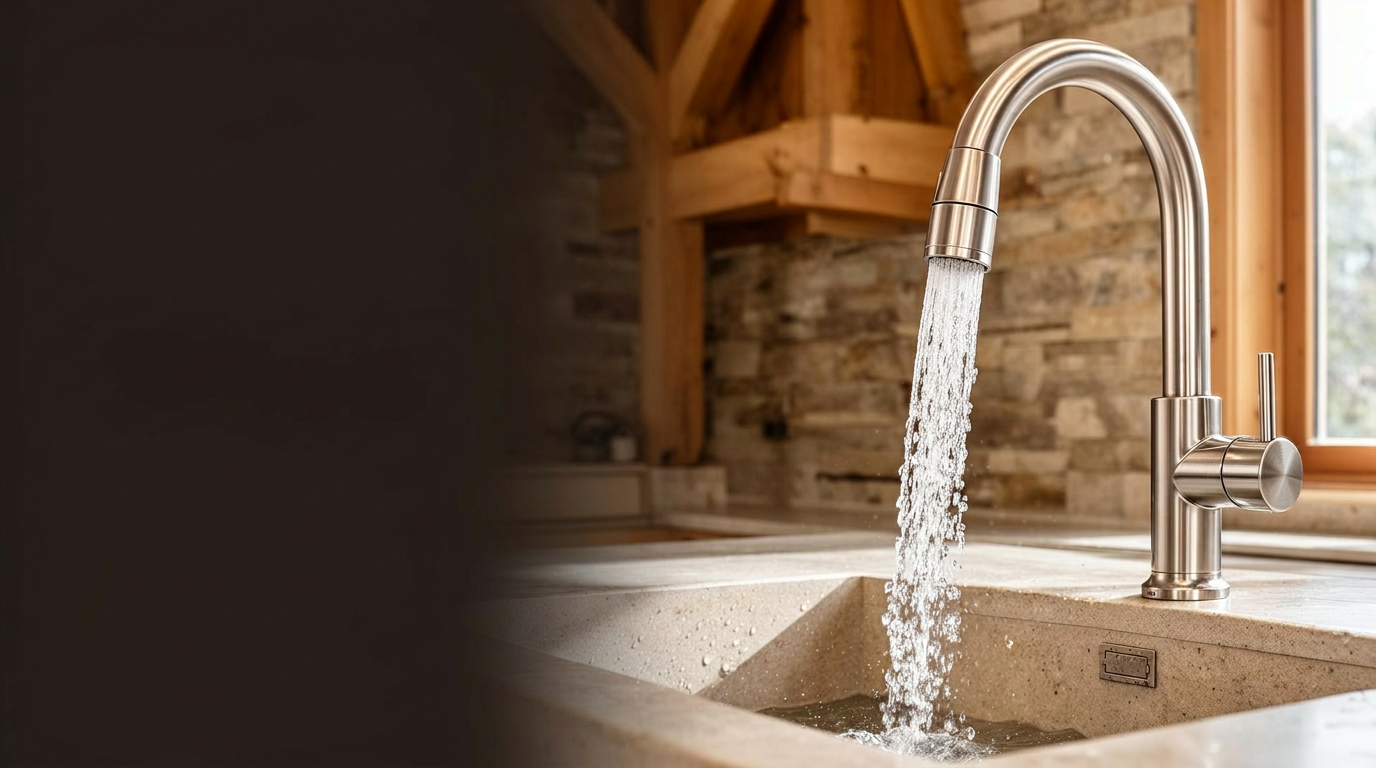 Crystal-clear water flowing from a premium brushed metal kitchen faucet
