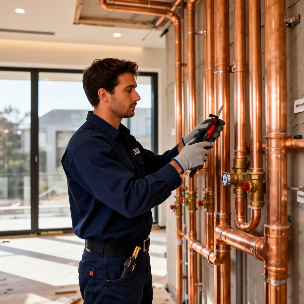 Professional plumber installing a commercial water system
